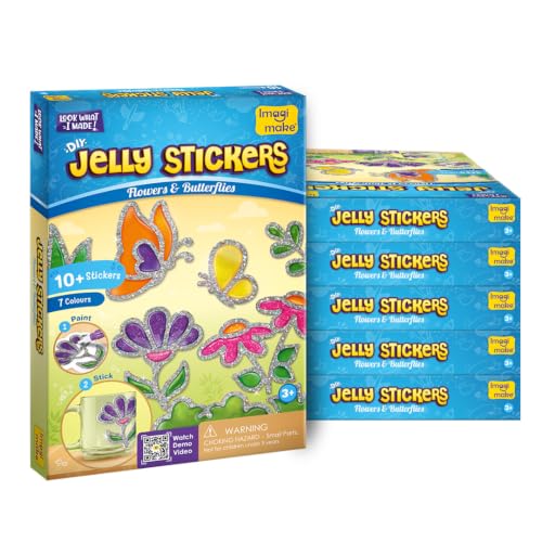 Image of Imagimake DIY Jelly Stickers| DIY Return Gift - Pack of 6|Craft Kit| Age 3+ | 10+ flower & butterfly designs, 7 non-toxic glass paints & glitter outline; paint, peel & stick glossy jelly stickers at home