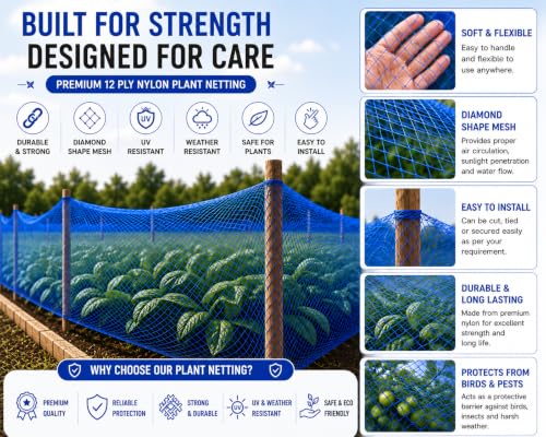 Image of 12 Ply Plant Netting 50 mm Mesh - Heavy Duty Garden Support Net, UV Resistant Trellis Net for Vegetables, Climbing Plants & Creepers (Blue, 10 X 50 FT)
