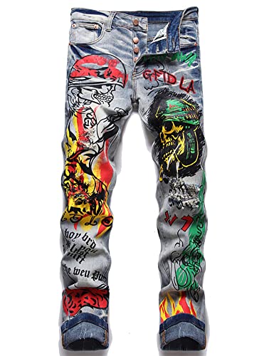 Men's Streetwear Skull Flame Print Stretch Denim Jeans