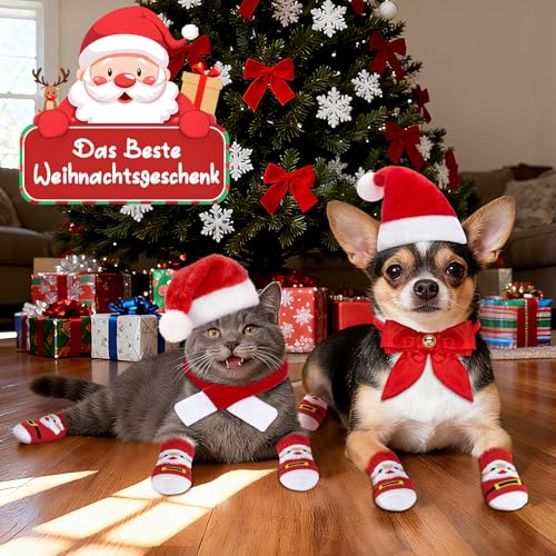 MELLIEX 3 Stück Katzen Hunde Weihnachtskostüm, Hundekostüm Katzenkostüm Weihnachten mit Weihnachtsmützen Verstellbare Rote Fliege Haustiersocken für Katzen und Kleine Hunde