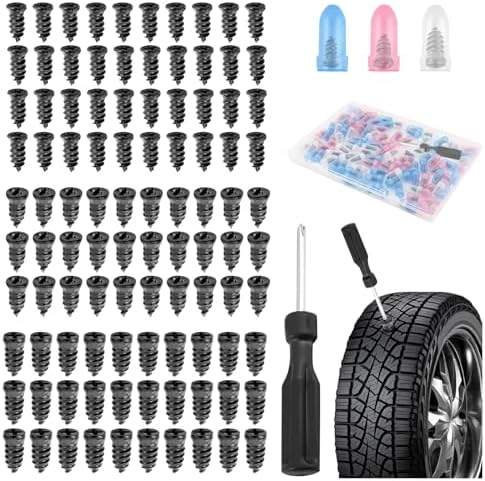 100PCS Tire Plugs Kit with Screwdriver and Box,3 Sizes Tire Repair Screw Plugs for Self Fast Puncture Repairs,Rubber Tires Repairs Plug as Tires Repair Kit for Car/Truck/Motorcycle