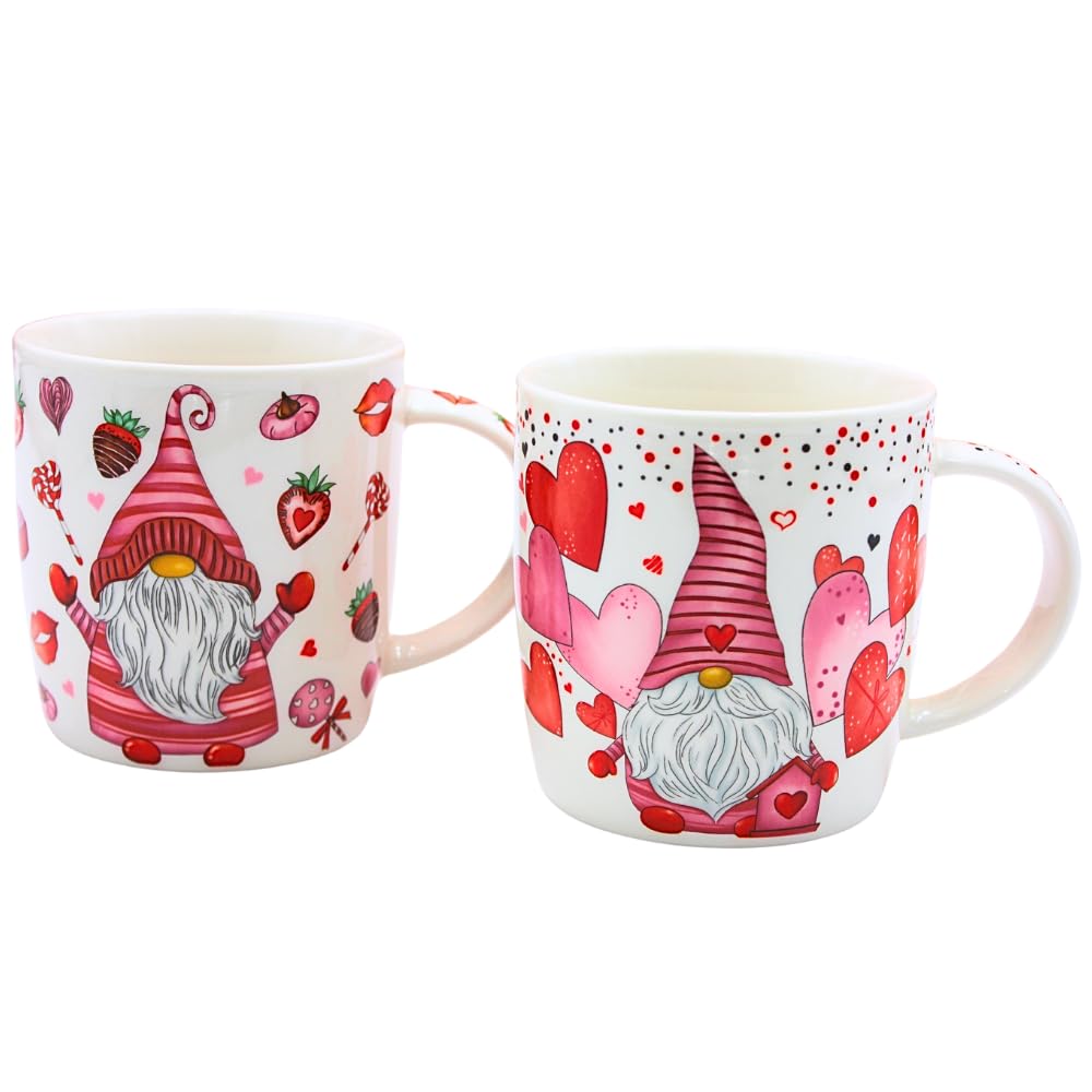 Dekohelden24 Set of 2 Coffee Mugs, Mulled Wine Cups, Porcelain Hearts and Sweets, Size: L x W x H approx. 13 x 8 x 10 cm, Capacity 360 ml per cup, Gnome Pink, 9.5 cm
