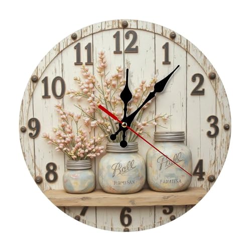 Floral Mason Jar Clock 2D-standard-width-3000px 10 Inch Silent Wall Clock Battery Operated, Frameless Wooden Round Clock with Quartz Movement for Bathroom, Kitchen, Living Room, Bedroom