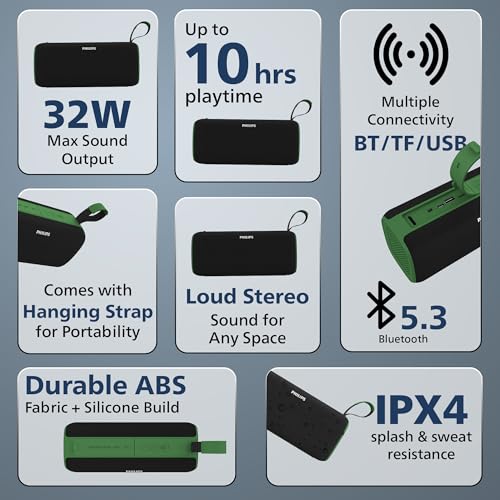 Image of PHILIPS Audio TAS2400GR Portable Bluetooth Speaker with Stereo Sound, 32W RMS, 2400mAh Rechargeable Battery, BT v5.3 Connectivity, IPX4 Waterproof, Supports TF /USB /BT Modes with Hanging Strap (Green)