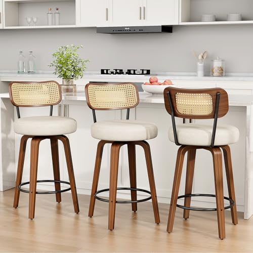 Image of YaFiti Swivel Bar Stools Set of 4, 26''H Upholstered Barstools with Rattan Backs and Wood Legs, PU Leather Counter Height Bar Chairs for Kitchen Island, Cream White