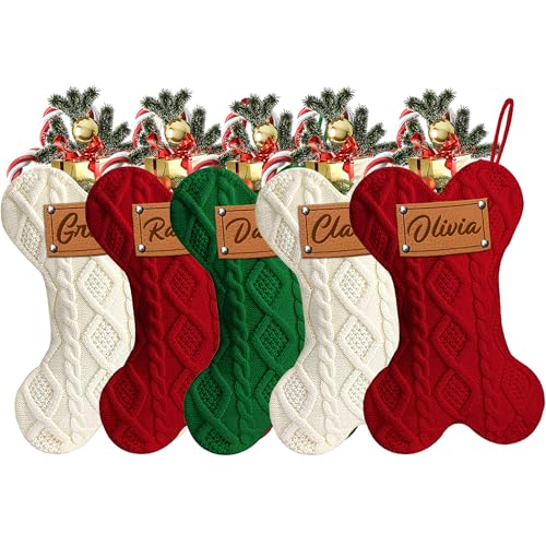 WMDIY Personalised Pet Dog Christmas Stockings, Custom Bone Knit Christmas Stocking Large 42CM with Laser Engraving Name, Christmas Decor, Customised Xmas Stocking, Gifts for Family Kids-Set of 5