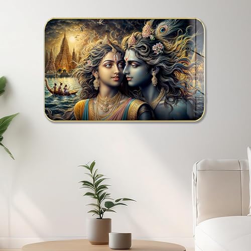 Image of Masstone Radha Krishna Crystal Embedded High Gloss Wall Painting, Golden Slim Frame, 45x30 Cm Wall Art for Living Room, Bedroom, Office & Home Decor (HG11)