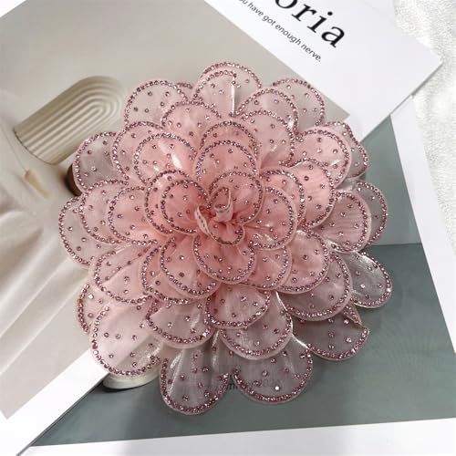 Image of Rhinestone Camellia Flower Big Brooch Lapel Pins for Women Fashion Crystal Fabric Floral Brooches Pin for Dresses Suit Accessories Jewelry Boutonniere Corsage Wedding Party 140mm