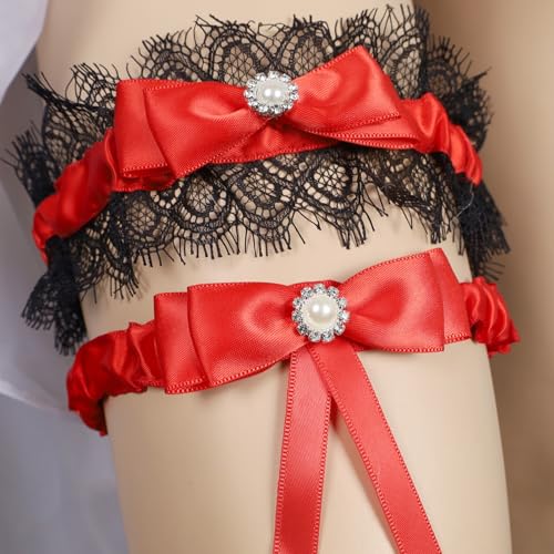 Image of Lace Wedding Garters for Bride with Pearl Party Prom Leg Garter Belt