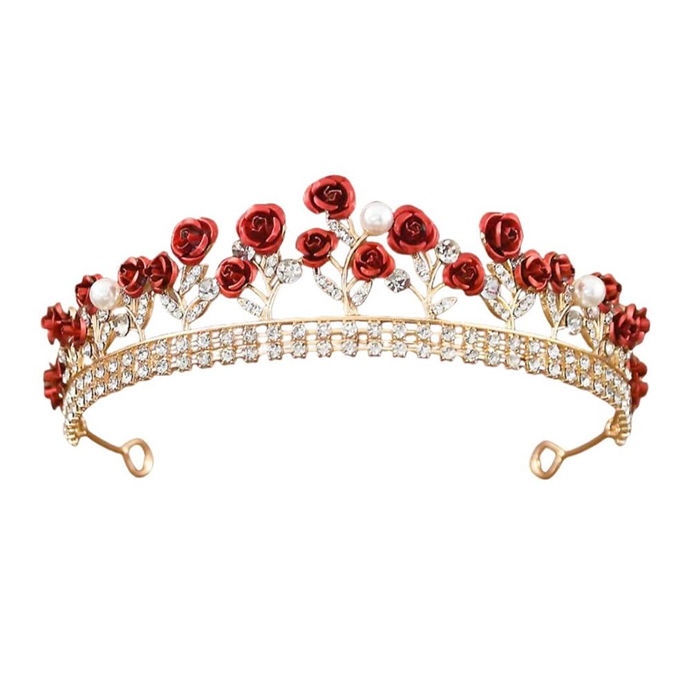 Glitter Red Rose Tiara with Rhinestones & Pearls Bride Princess Floral Crown Headpiece for Wedding Party, and Special Events