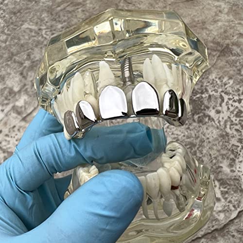 Grillz Silver Tone Permanent Cuts Perm Cut Six Top Teeth Pre-Made Hip Hop Mouth Grills #TOP2
