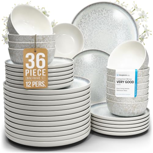 Image of 36 Piece Stoneware Dinnerware Set for 12, Handmade Plates and Bowls Set | Reactive Glaze Coating, Dishwasher & Microwave Safe Dish Set, Chip & Scratch Resistant Dishware Set, Ibiza Light Beige