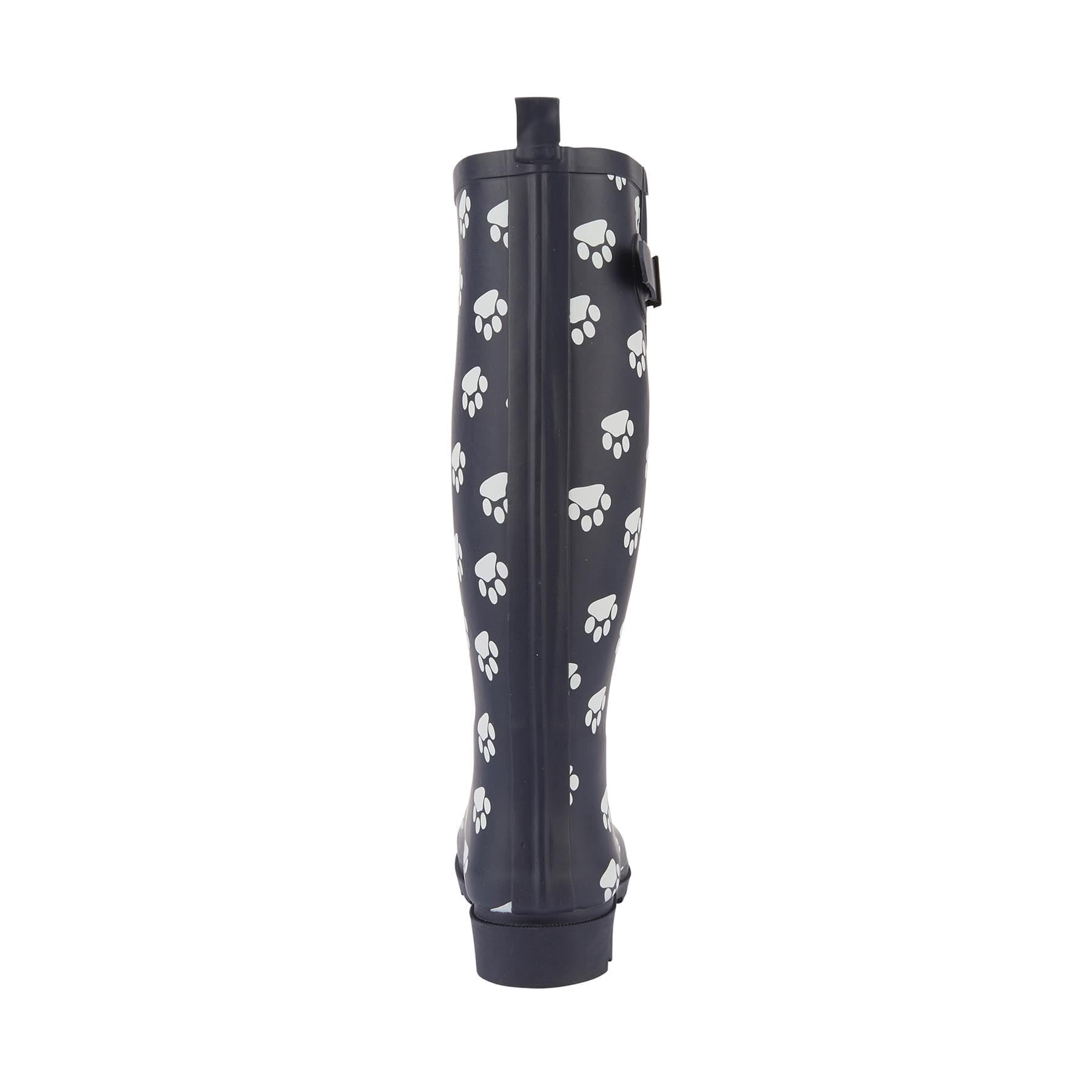 A2Z Botas de agua para mujer, impermeables, largas, con suela de goma, para jardín, festival, paseo de perro, estampado de patas azul marino, elegantes, cómodas, forradas, zapatos de mujer, talla 4 a