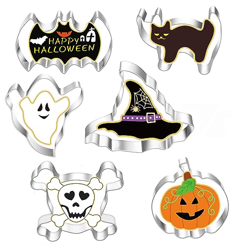 RUIYWEN Juego de 6 Cortadores de Galletas de Halloween en Forma de Calabaza Fantasma Murciélago Gato, Moldes de Acero Inoxidable para Galletas Fondant Chocolate
