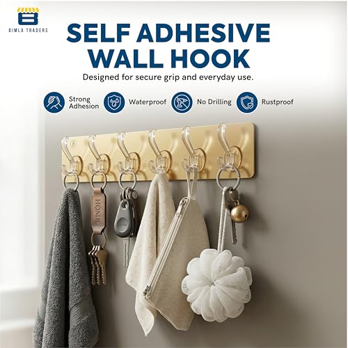 Image of Waterproof Stick on Adhesive Wall Hooks 1 Set of 6 Pcs - Heavy Duty Hooks for Photo Frames, Wall Clocks, Keys, Hanging Robe |No Damage, Easy Installation |Smart Storage Solution | Gold