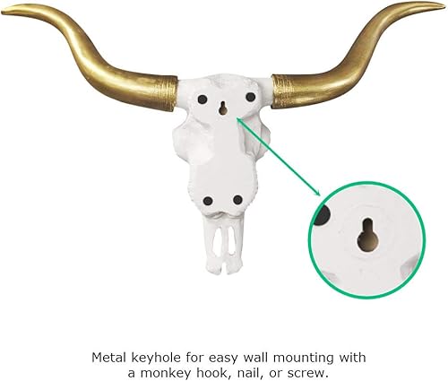 Miniatura 5 de Wallcharmers Mini calavera de cuerno largo de imitación de cuerno largo blanco + dorado, decoración de pared de cabeza de animal de taxidermia