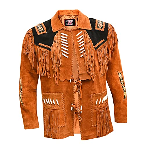Men's Western Cowboy Leather Jacket Fringed Boned Native American Suede Beaded -Tan Brown (X-Large)