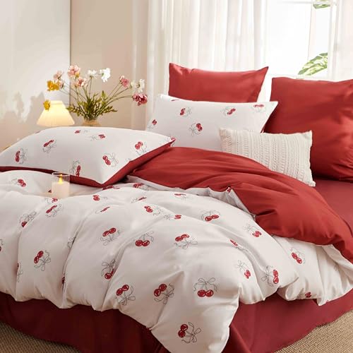 Erwinmu Ensemble housse edredon reine cerise blanc rouge