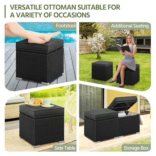 Yaheetech 2 STK. Rattan Hocker mit Abnehmbarem Kissen & Stauraum, Wetterfest Sitzhocker Gartenhocker Fußhocker Flache Rattanoptik für Outdoor Garten Terrasse, Schwarz & Grau