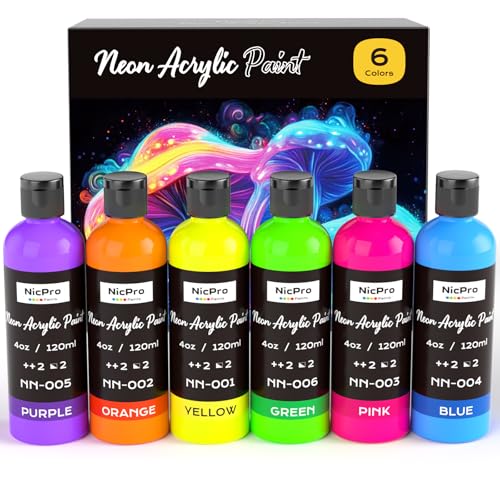 Nicpro 6 Colors Fluorescent Acrylic Paint Set (4 oz, 120 ml), Glow in the Black Light, Non-Toxic & Vibrant Neon Paint for Neon Party Decoration, DIY Project on Multi-Surface, Canvas, Rock, Wood, Craft