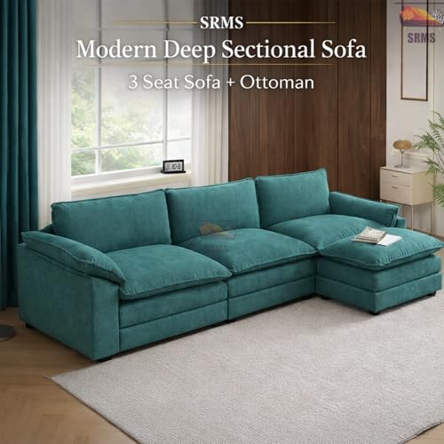 Image of SRMS Sectional Sofa Modern Deep 4 -Seat Sofa Couch | 3 + 1 ottoman | Chenille Sofa Sleeper Comfy Upholstered Furniture for Living Room, Apartment, Studio, Office | L Shape | Maroon