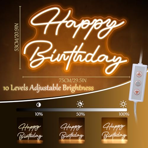 Tujoe 30" x 21" Happy Birthday Neon Sign Large Happy Birthday LED Neon Light Signs with Dimmable Switch 12V Power Adapter for Party Wall Decoration Bar Rave Home Decor Backdrop(Warm White,30" x 21") by Tujoe - Image 2