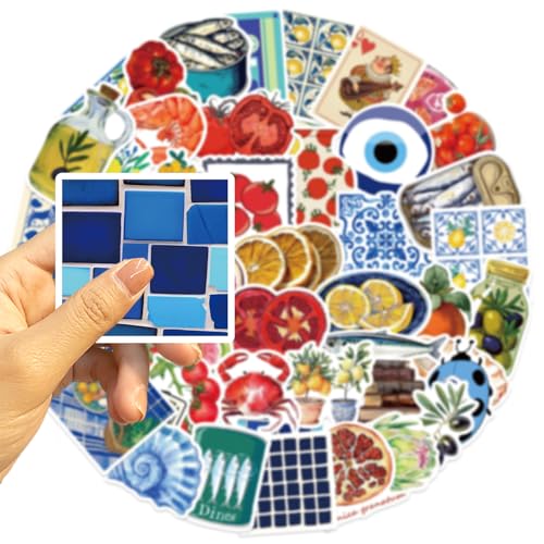 Image of 50Pcs Mediterranean Food Stickers, Cartoon Mediterranean Tomato Food Vinyl Decals for Decor Laptops, WLJIAO Aesthetic Cute Lemon Labels Sticker for Kids Teens Girls DIY Scrapbook Guitar