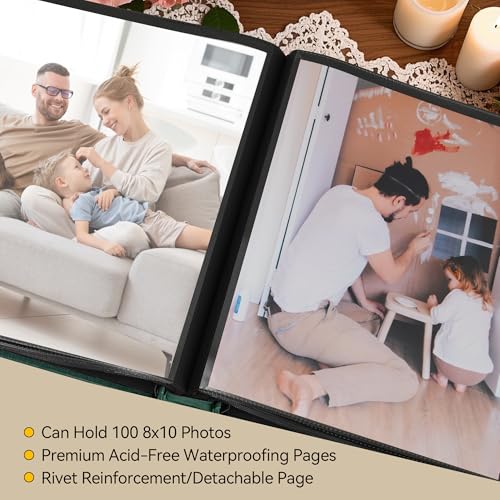Álbum de fotos 8x10 para 100 fotos, con 100 bolsillos, cubierta de tela de lino, libro para fotos, álbum fotográfico para bodas, viajes y recuerdos familiares (verde oscuro) miniatura 5
