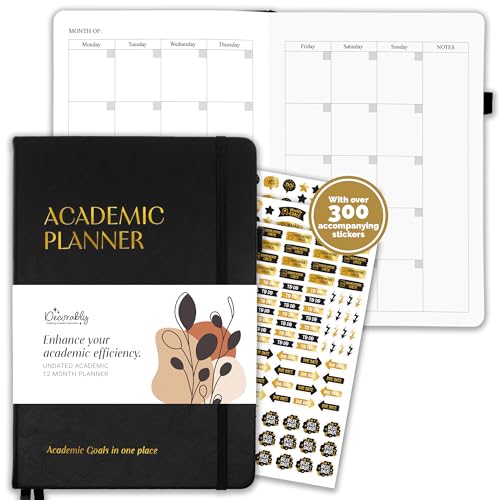 Decorably 12 Months Gold Foiled Undated Academic Planner featuring a black cover, monthly and weekly layouts, and over 300 stickers for enhanced organization and academic efficiency.