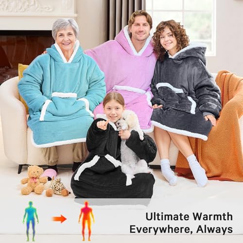 JOYWOO Black Kids Wearable Blanket Hoodie,Oversized Cat Lovers Hoodie Blanket for Kids & Teens,Birthday Gifts for Girl Boys,Warm Cozy Fuzzy Sherpa Fleece Sweatshirt Blanket with Giant Pocket Gifts