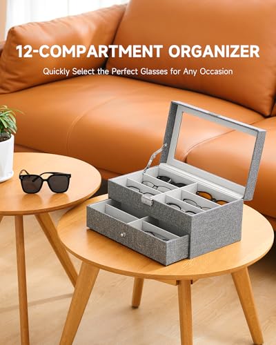 Image of CO-Z Sunglasses Organizer with 12 Slots, Linen Eyeglasses Storage Box for Women Men, 2 Story Lockable Display Case for Multiple Glasses, Sunglasses Jewelry Collection Holder with Drawer, Grey