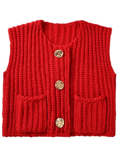 Image of Womens Cropped Sweater Vest Sleeveless Chunky Kint Cardigan Top Casual Warm Button Down Crop Tops with Pockets