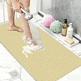 Non Slip Loofah Shower Mat 32'x16', Quick Drying Mats with Drain Hole, Soft Trimmable PVC Loofah Massage Bathmat for Shower, Kitchen, Hotel, Tub, Floor, Home, Beige