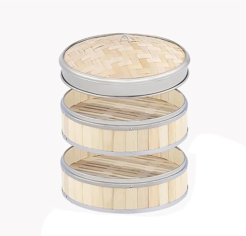 Luminexia Bamboo Steamer Basket With Stainless Steel Banding,2-Tiers With Lid Asian Traditional Dumpling Steaming Rack Cookware,Best For Dim Sum,Vegetables,Meat And Fish.Hand Made,9 Sizes