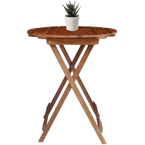 BTEXPERT 29.5" High Folding Solid Wood Acacia Outdoor Dining Natural Light Stain Finish Patio Deck Lawn Garden Backyard Wooden Adirondack Portable Side Stand Modern Accent Slat, One 24" Round Table