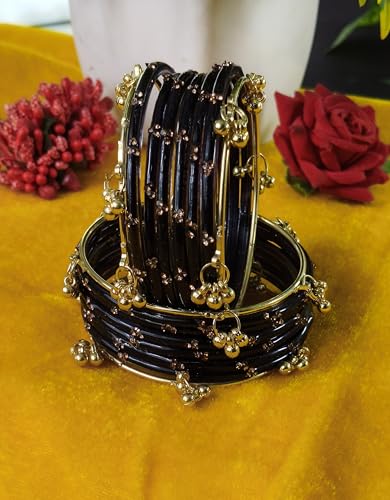 Image of NMII Viral Multi Colour Glass Bangles with Golden Ghungroo Charms & Stone Work For Women & Girls | Fancy Designer Glass Bangle | Traditional Chudi | Kanch Ki Churi | Stylish Ghungroo Bangle For Women