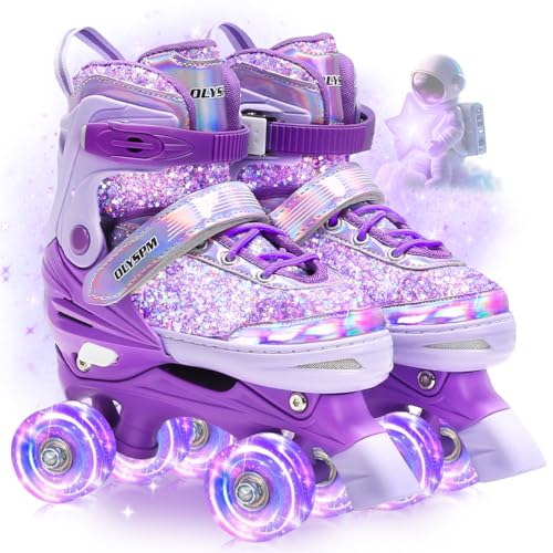 OLYSPM Patines 4 Ruedas, Empeine Luminiscente,4 tamaños Ajustables con 8 Ruedas Que Brillan y Bolsa de Almacenamiento para Niñas y Niños(Violet)