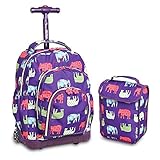 J World Lollipop Kids Rolling Backpack & Lunch Bag Set for Elementary School. Carry-On Suitcase with Wheels, Elephant
