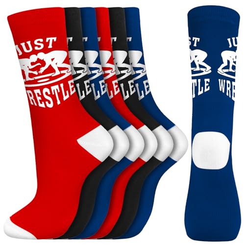 Suhine 6 Pairs Wrestling Socks Athletic Mid Calf Woven Wrestle Socks Wrestling Gifts for Adult Men Women Wrestler Team Gifts (Red Navy Blue Black)