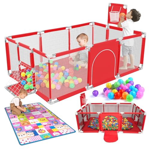 La Mejor Selección de Parques de juegos que puedes comprar esta semana. 43 Corral para Bebé, Corralito para Bebé Plegable Grande con Tapete, Juego de Parque Infantil de Malla y Transpirable Anticaída con Aro de Baloncesto, Porteria de Soccer y 20 Bolas...