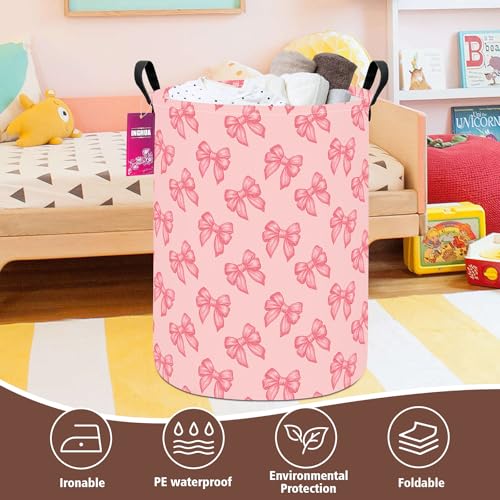 Image of Laundry Hamper Large Canvas Fabric Storage Basket Pink bowknots