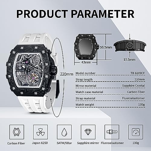 Image of TSAR BOMBA Men's Automatic Watch Tonneau Luxury Skeleton Watches for Men Mechanical 50M Waterproof Analogue Watches Mens Unique Cool Square Big Face Dial Wristwatch with Silicone Strap Band