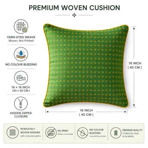 Image of RANGBHAR Handloom 100% Cotton Cushion Cover Set of 3 | Cushion with All-Around Piping for Premium Finish | 16x16 Inches Hand Woven Striped Cushion Covers - Green
