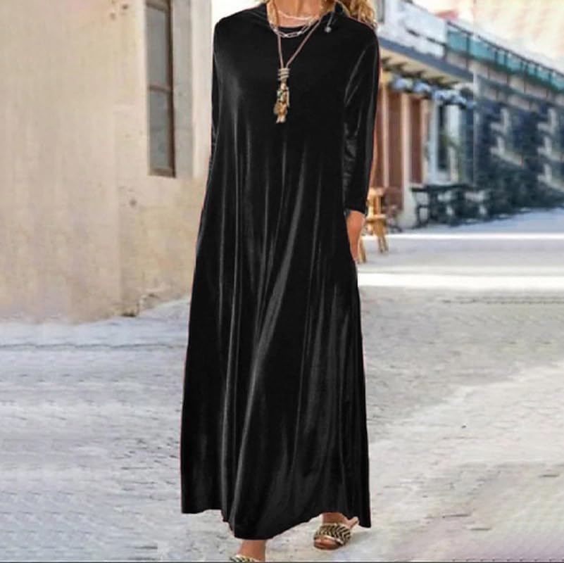 Melliflo Velvet Dress for Women Casual Crewneck Shirt Dresses Elegant Cocktail Long Sleeve Maxi Dress with Pocket - Image 2