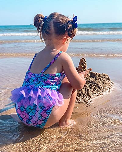 Swimsobo Toddler Girls Swimsuits One Piece Mermaid Fish Scales Printed Bathing Suit Adjustable Strap Swimwear Ruffle Tulle Skirt For Hawaiian Holiday Summer Beach 3-4T #TOP3