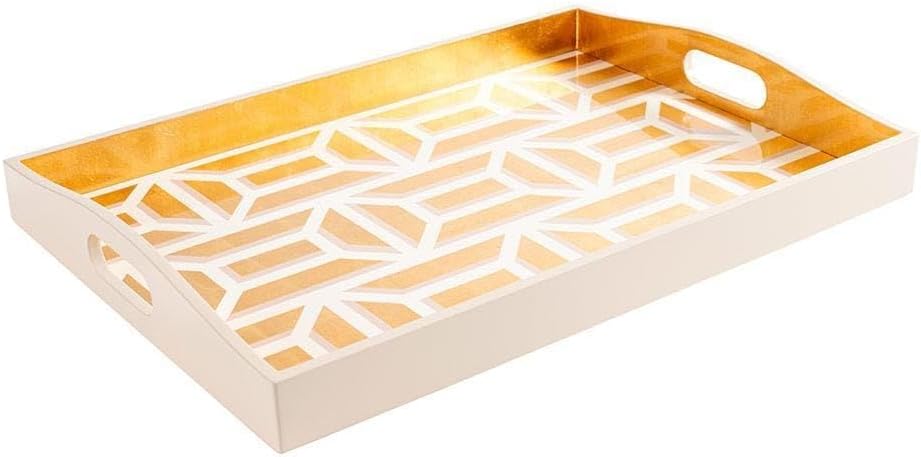 Caspari Garden Gate Lacquer Large Rectangle Tray – 21"x15" Handmade, White & Gold, Elegant Decorative Serving, 1 Tray