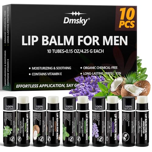 10 Pack Lip Balm for Men Hydrating Natural Chapstick Bulk Vitamin E and Beeswax - 5 Flavors Chapstick for Men Gift Peppermint Coconut Vanilla Lavender & Unscent