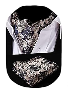 HISDERN Ascot Homme Et Mouchoir Ensemble - Cravate Paisley Formelle Mariage Élégant Jacquard Foulard, Bleu Marine/Or, Taille Unique