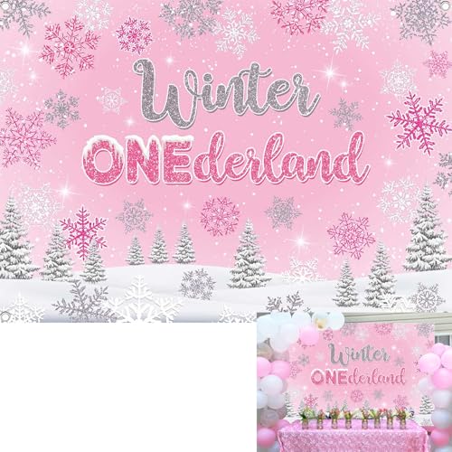 Winter Onederland Backdrop Pink Silver Snowflakes...