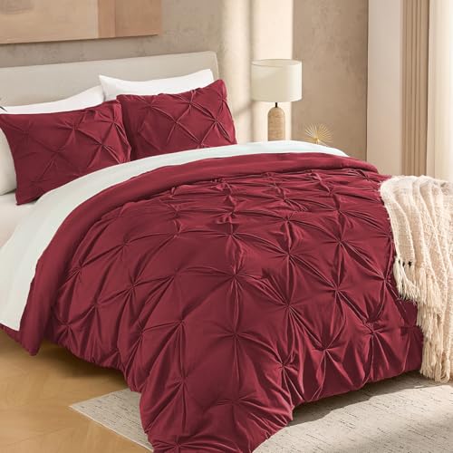 Image of Andency Full Pinch Pleat Comforter Set (79 inchx90 inch),3 Piece Lightweight Pintuck Bedding Comforters & Sets, Fluffy Down Alternative Comforter with 2 Pillow Shams for All Season,Burgundy
